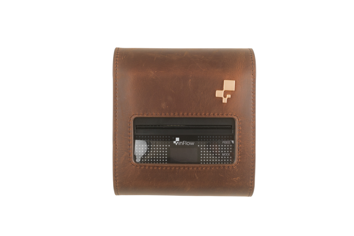 inFlow Portable Printer Full Grain Leather Case with Shoulder Strap and Belt Clip — Brown