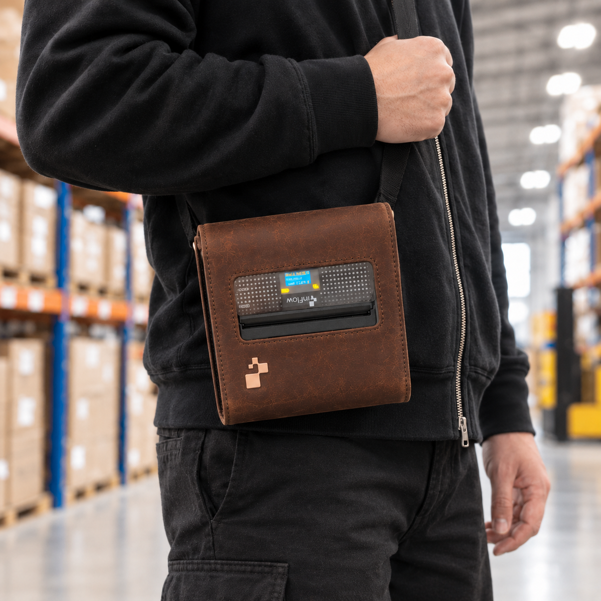inFlow Portable Printer Full Grain Leather Case with Shoulder Strap and Belt Clip — Brown