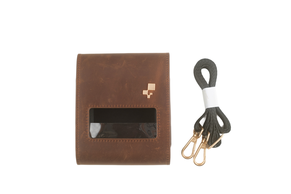 inFlow Portable Printer Full Grain Leather Case with Shoulder Strap and Belt Clip — Brown